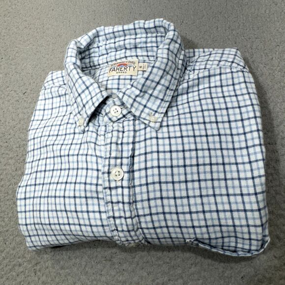 Faherty Shirt Men Medium Blue Linen Blend Check Plaid Button Casual‎ Pocket Surf - Picture 1 of 16